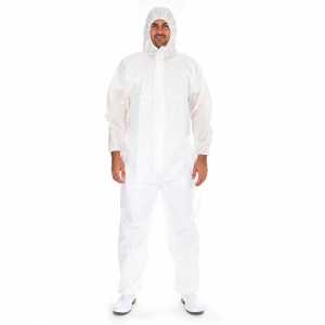 Combinzone SMS, white, 60gsm, 179x140cm, fireproof, antistatic, with zipper and hood, 1pc