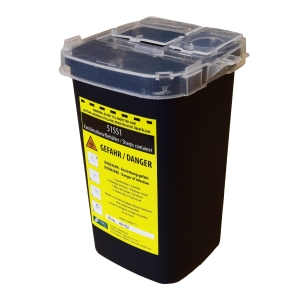 Container for sharp objects, polyethylene, black, dimensions 11 x 10 x 15.5 cm, volume 1.000 mL, transparent lid, EN ISO 23907
