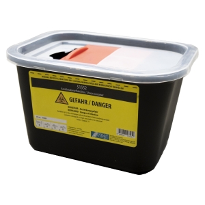 Konteiners asiem priekšmetiem, polietilēns, melns, izmēri 20 x 16 x 12 cm, tilpums 2.000 mL, caurspīdīgs vāks ar sarkanu atveri, EN ISO 23907, 1 gab