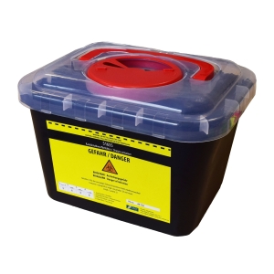 Container for sharp objects, polyethylene, black, measurements 24.5 x 20 x 16.5 cm, capacity 5.000 mL, transparent lid with red opening, EN ISO