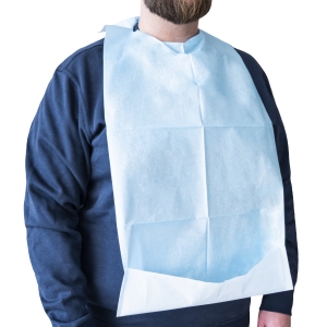 NITRAS disposable bibs with collection pocket, tissue white, polyethylene film, blue, measurements approx. 64 x 36 cm, bag per 10 pieces