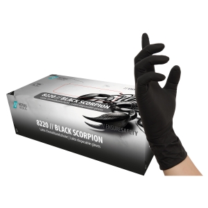 NITRAS lateksa cimdi BLACK SCORPION, S, M  izmēri, vienreizlietojami, melni, nesterili, bez pūdera, testēti saksaņā ar EB 455, EN 374, 100gab